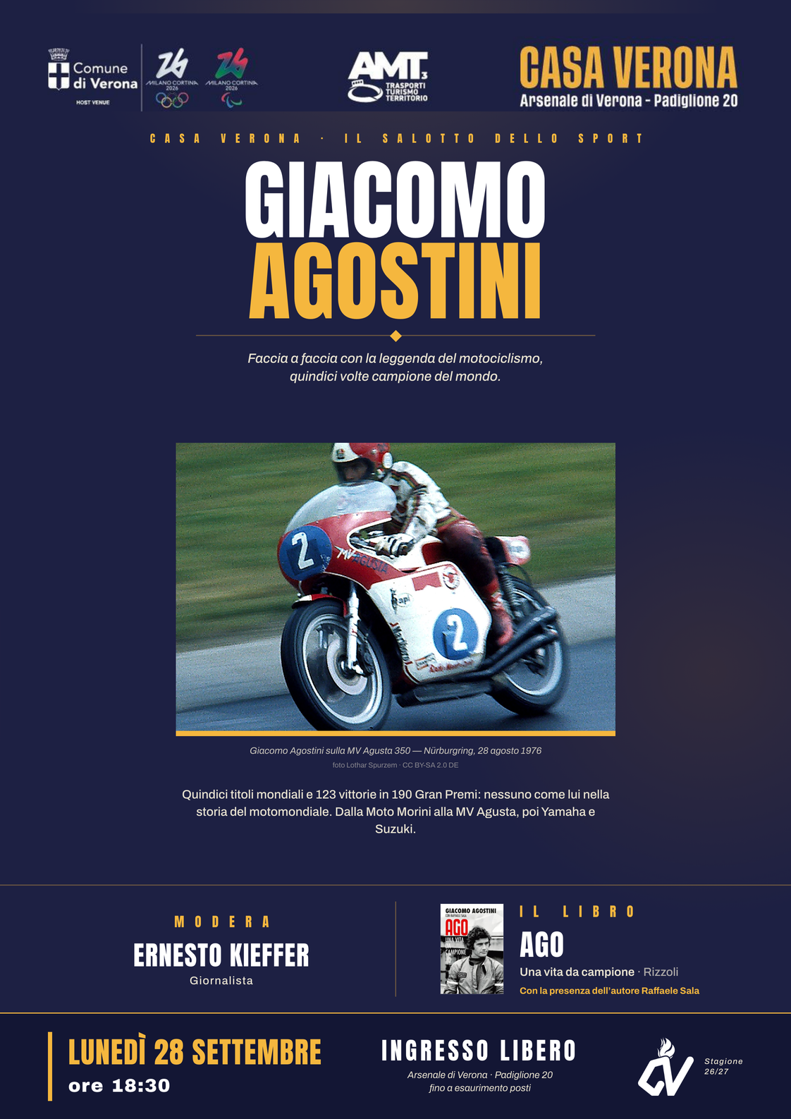 A tu per tu con Giacomo Agostini — Casa Verona, 28 settembre 2026